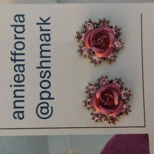 AVON Pink Floral Earrings Surrounded By Pink Crystals